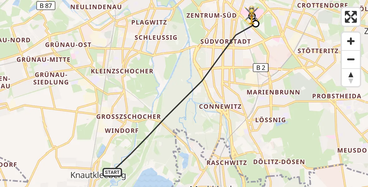 Flugroute Rettungshubschrauber Leipzig - Leipzig University Hospital Heliport 1, 11 Juli 2026, 16:24