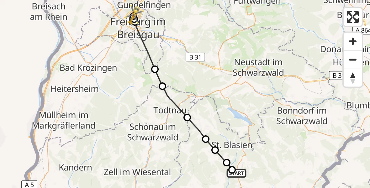 Flugroute Ambulanzhubschrauber Höchenschwand - Freiburg im Breisgau Flugplatz, 11 Juli 2026, 16:26