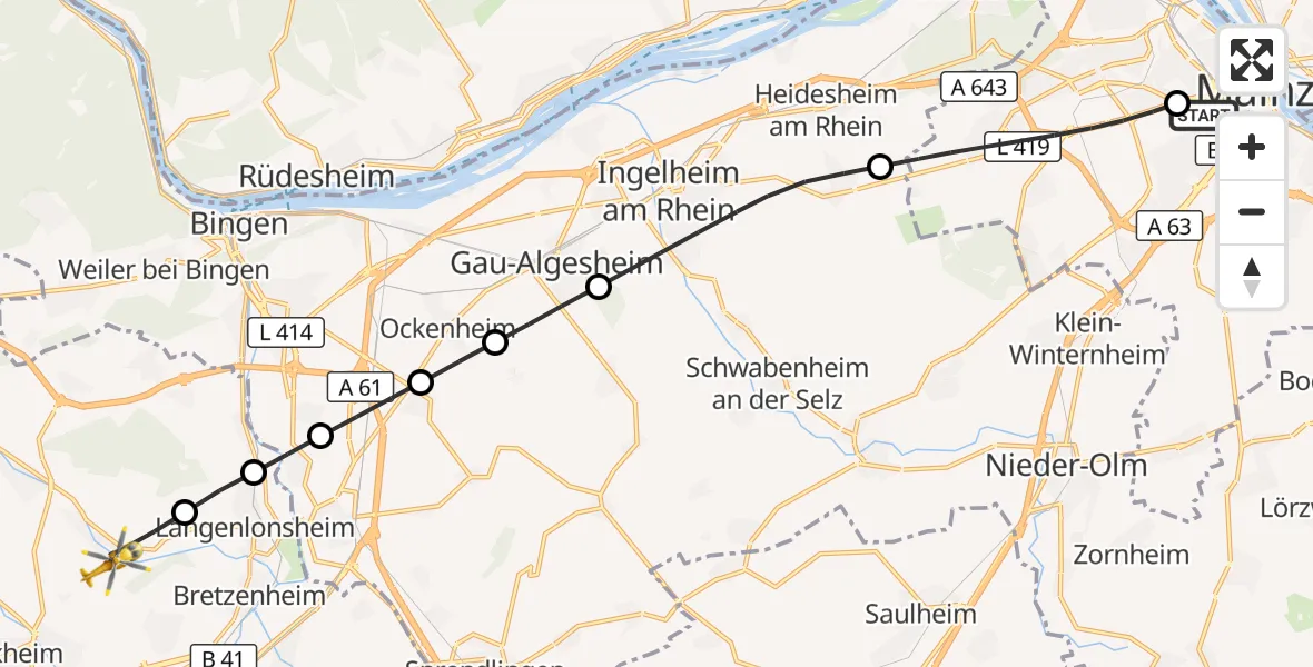 Flugroute Rettungshubschrauber Mainz University Hospital - Guldental, 11 Juli 2026, 16:29