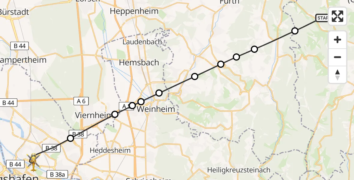 Flugroute Rettungshubschrauber Mossautal - Mannheim, 11 Juli 2026, 16:32