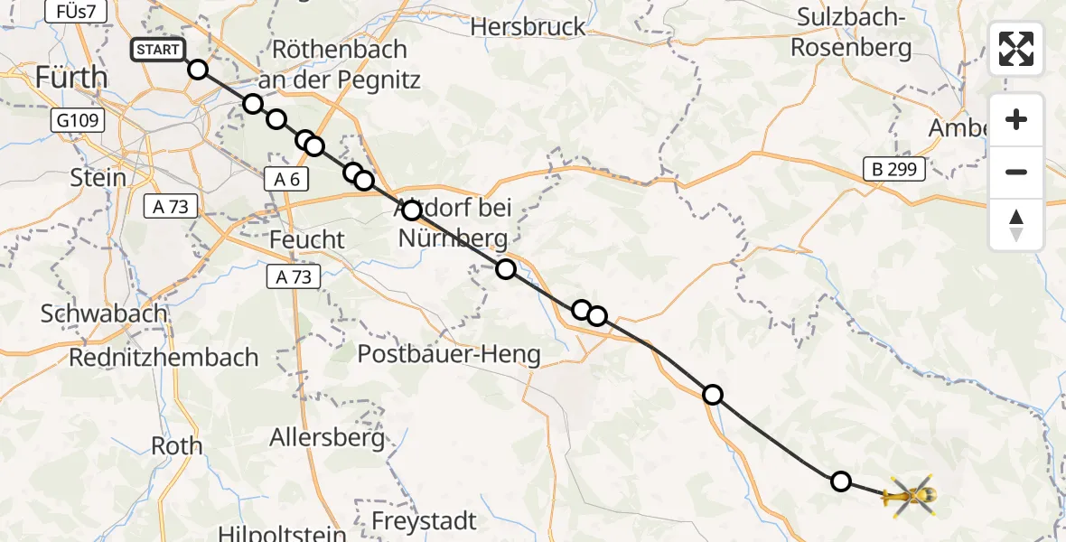 Flugroute Ambulanzhubschrauber Flughafen Nuremberg - Hohenfels, 11 Juli 2026, 16:36
