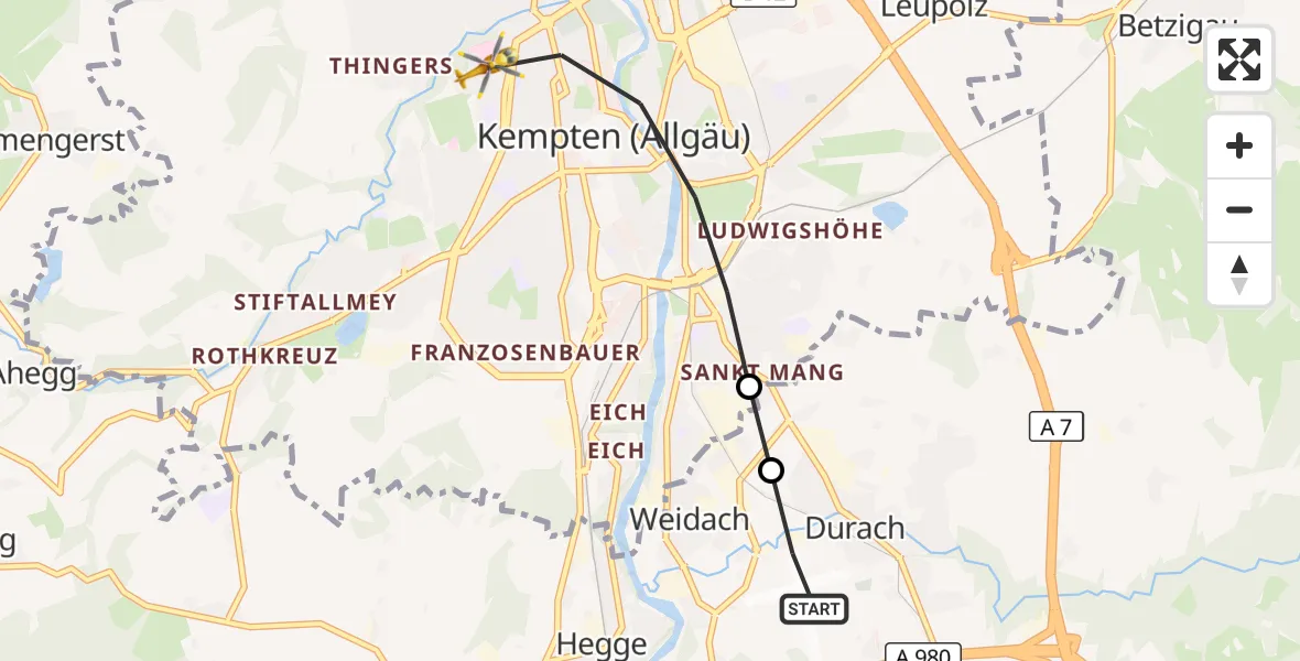 Flugroute Rettungshubschrauber Kempten-Durach Flugplatz - Kempten (Allgäu), 11 Juli 2026, 16:37