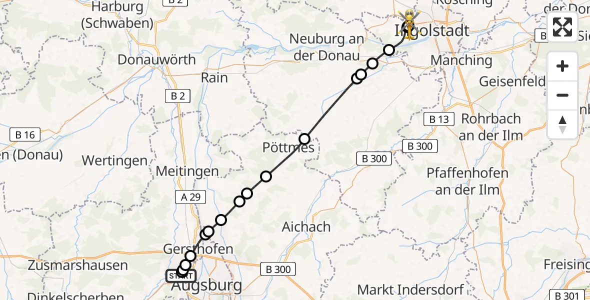 Flugroute Rettungshubschrauber Augsburg University Hospital - Ingolstadt Hospital, 11 Juli 2026, 16:39