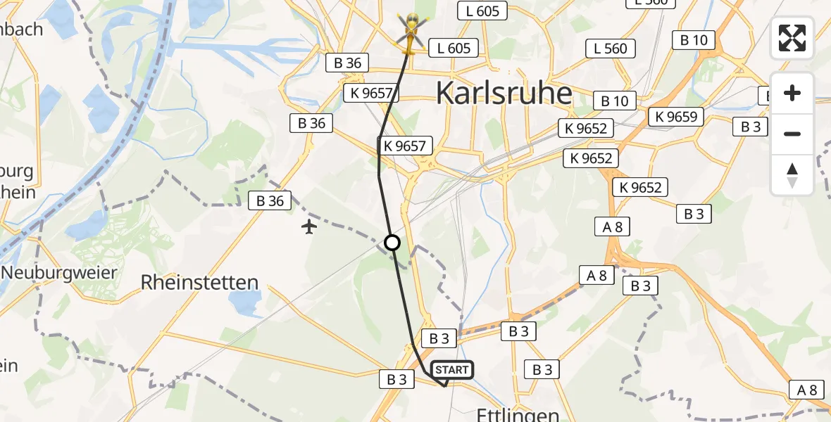 Flugroute Ambulanzhubschrauber Ettlingen - Karlsruhe, 11 Juli 2026, 16:40