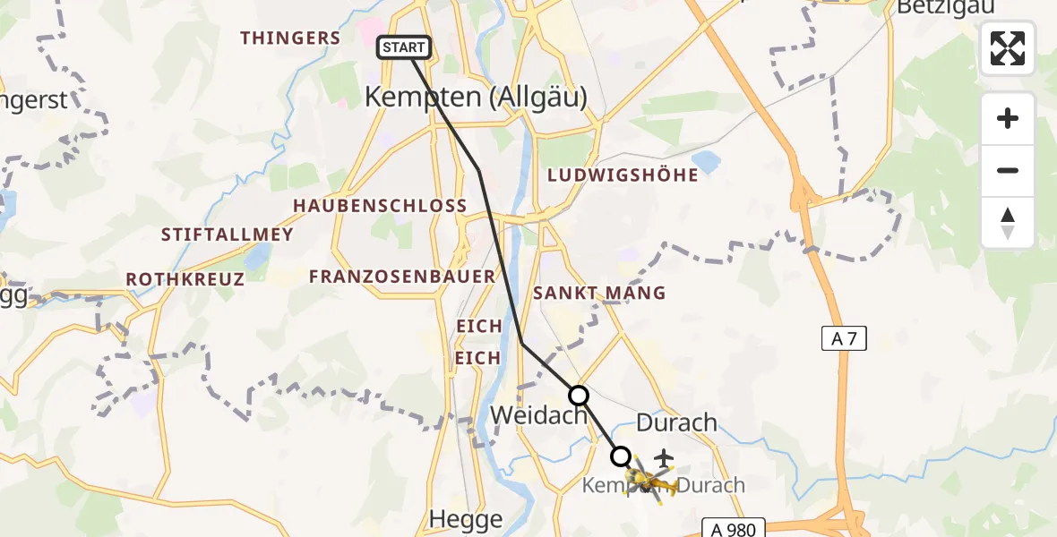 Flugroute Rettungshubschrauber Kempten (Allgäu) - Kempten-Durach Flugplatz, 11 Juli 2026, 16:41