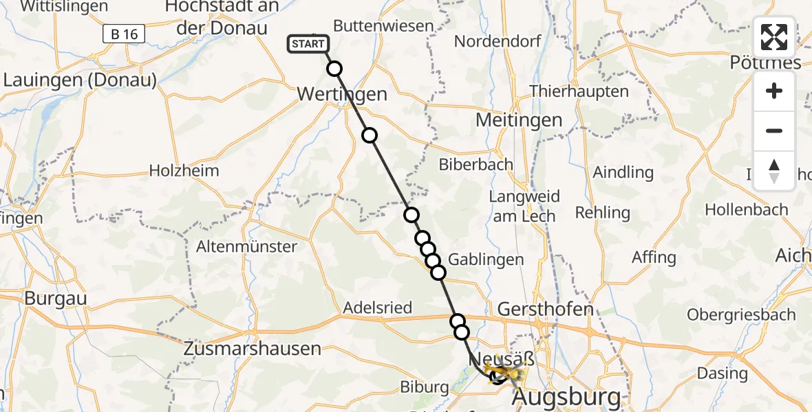 Flugroute Rettungshubschrauber Buttenwiesen - Augsburg University Hospital, 11 Juli 2026, 16:55