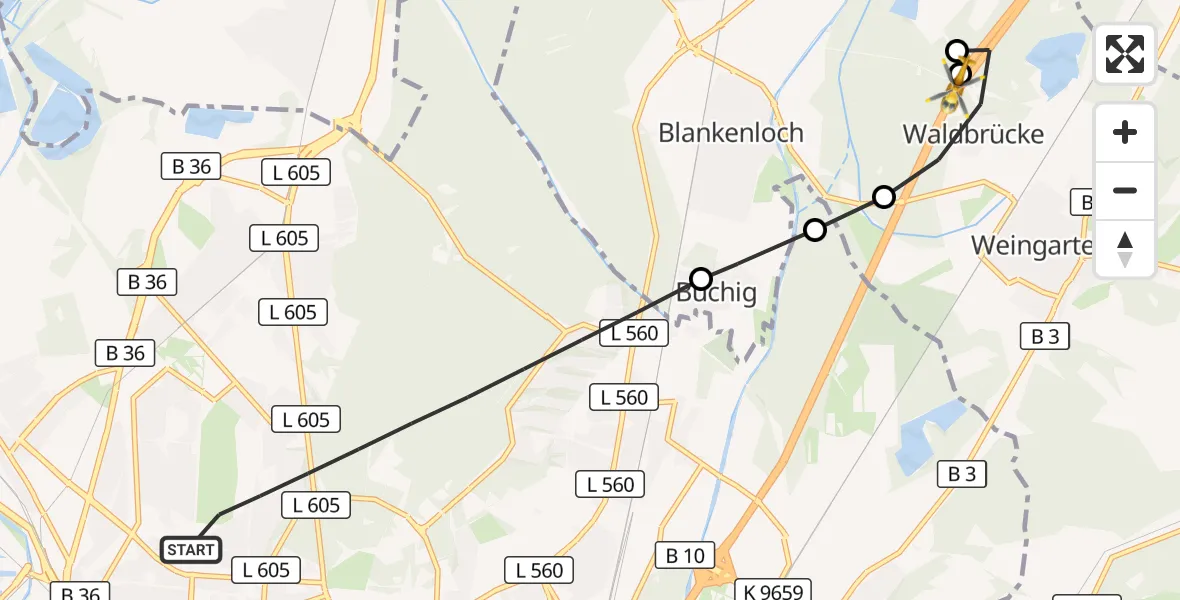 Flugroute Ambulanzhubschrauber Karlsruhe - Weingarten (Baden), 11 Juli 2026, 16:59