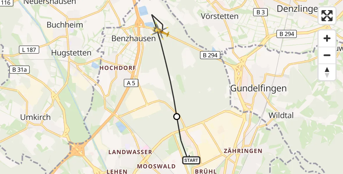 Flugroute Ambulanzhubschrauber Freiburg im Breisgau Flugplatz - Freiburg im Breisgau, 11 Juli 2026, 16:59