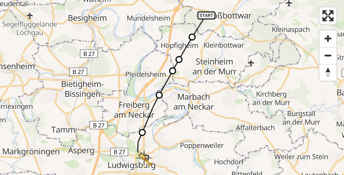 Flugroute Rettungshubschrauber Großbottwar - Ludwigsburg, 11 Juli 2026, 17:01