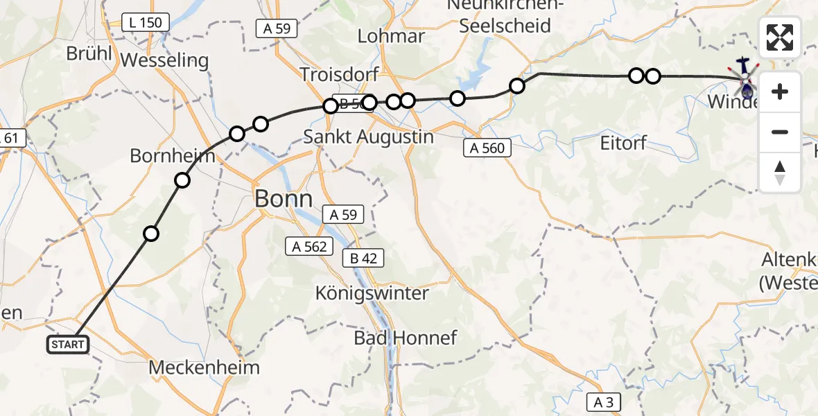 Flugroute Polizeihubschrauber Swisttal - Windeck, 11 Juli 2026, 17:02