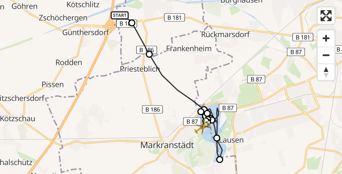 Flugroute Rettungshubschrauber ADAC Air Rescue Station Leipzig/Schkeuditz-Dölzig Hubschrauberlandeplatz (Christoph 61) - Markranstädt, 11 Juli 2026, 17:03