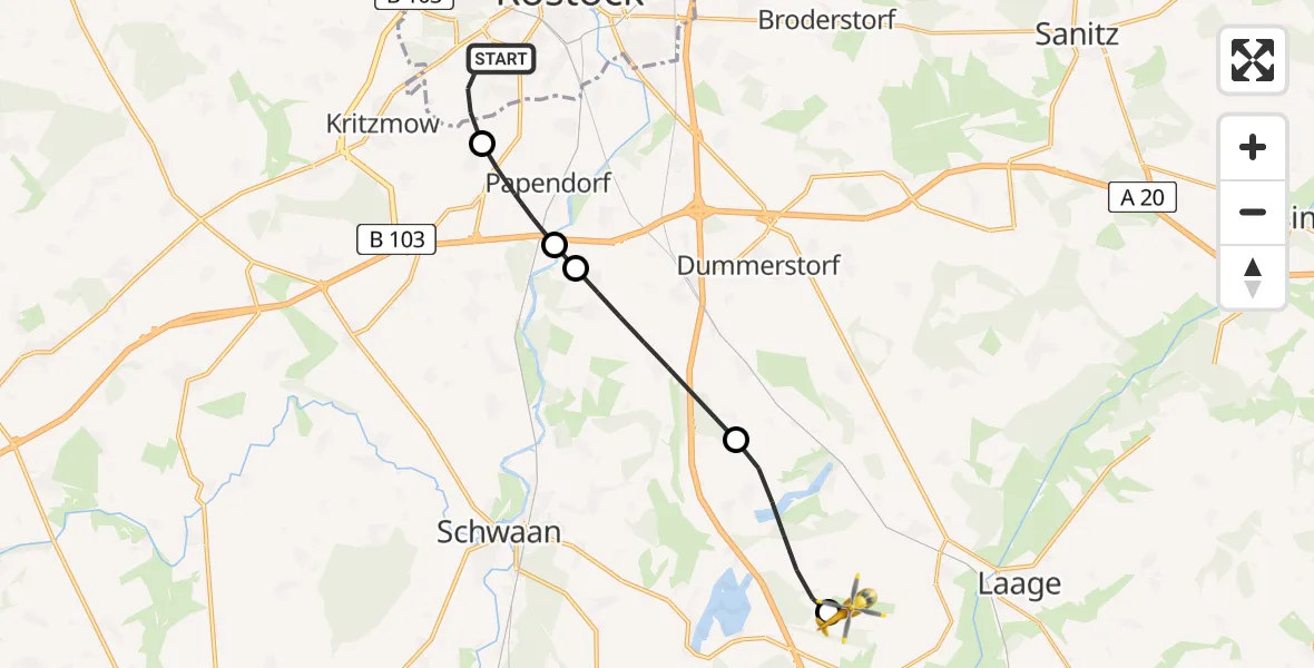Flugroute Rettungshubschrauber Rostock - Flughafen Rostock-Laage, 11 Juli 2026, 17:04