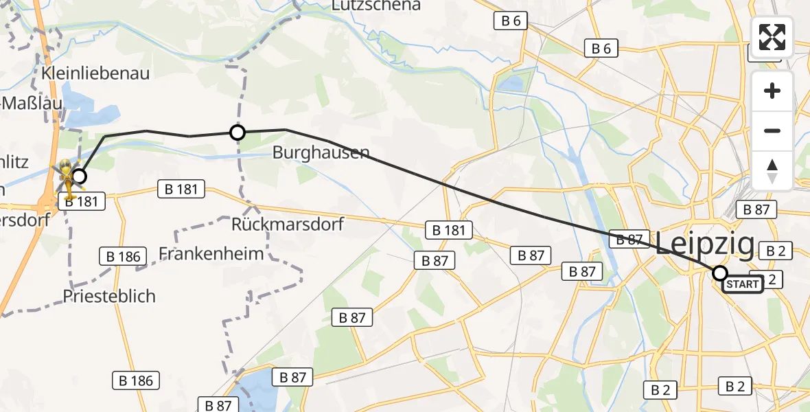 Flugroute Rettungshubschrauber Leipzig University Hospital Heliport 1 - ADAC Air Rescue Station Leipzig/Schkeuditz-Dölzig Hubschrauberlandeplatz (Christoph 61), 11 Juli 2026, 17:05