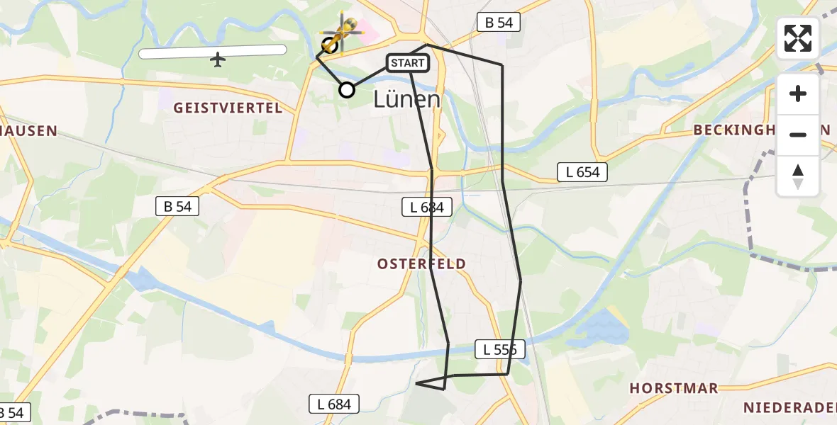 Flugroute Rettungshubschrauber Lünen - Sankt Marien Hospital, 11 Juli 2026, 17:12