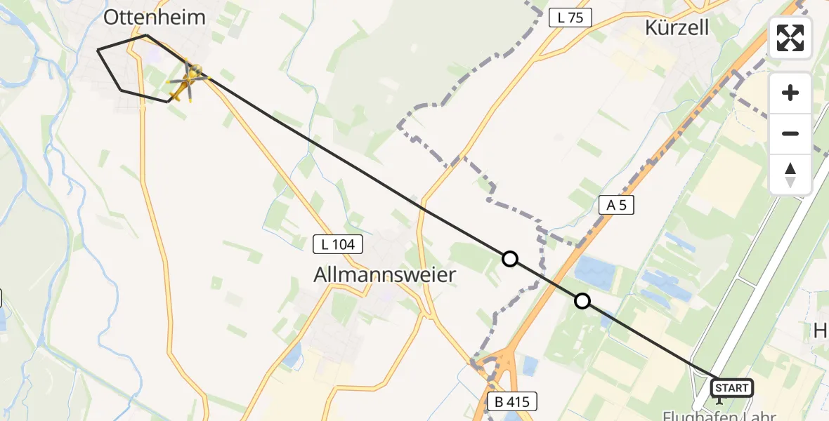 Flugroute Rettungshubschrauber Lahr Flughafen - Schwanau, 11 Juli 2026, 17:15
