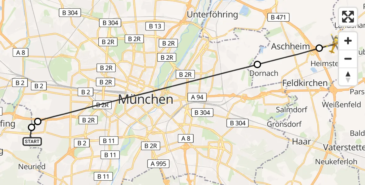 Flugroute Rettungshubschrauber DRF Air Rescue München Hubschrauberlandeplatz - Kirchheim b.München, 11 Juli 2026, 17:18