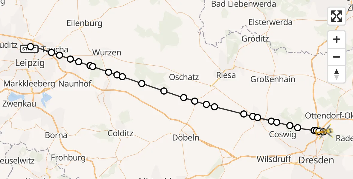 Flugroute Rettungshubschrauber Sankt Georg Hospital Leipzig Reserve - Dresden Bundespolizei Hubschrauberlandeplatz, 11 Juli 2026, 17:18