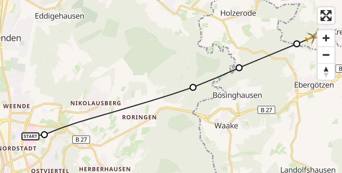 Flugroute Rettungshubschrauber Göttingen University Clinic Hubschrauberlandeplatz - Krebeck, 11 Juli 2026, 17:20