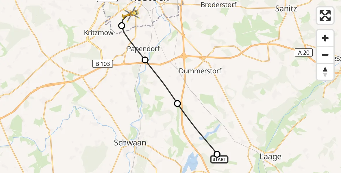 Flugroute Rettungshubschrauber Flughafen Rostock-Laage - Rostock, 11 Juli 2026, 17:24