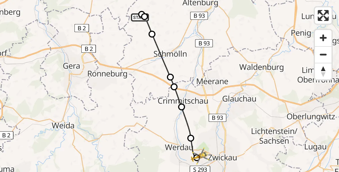Flugroute Rettungshubschrauber Dobitschen - ADAC Air Rescue Station Zwickau Hubschrauberlandeplatz, 11 Juli 2026, 17:27