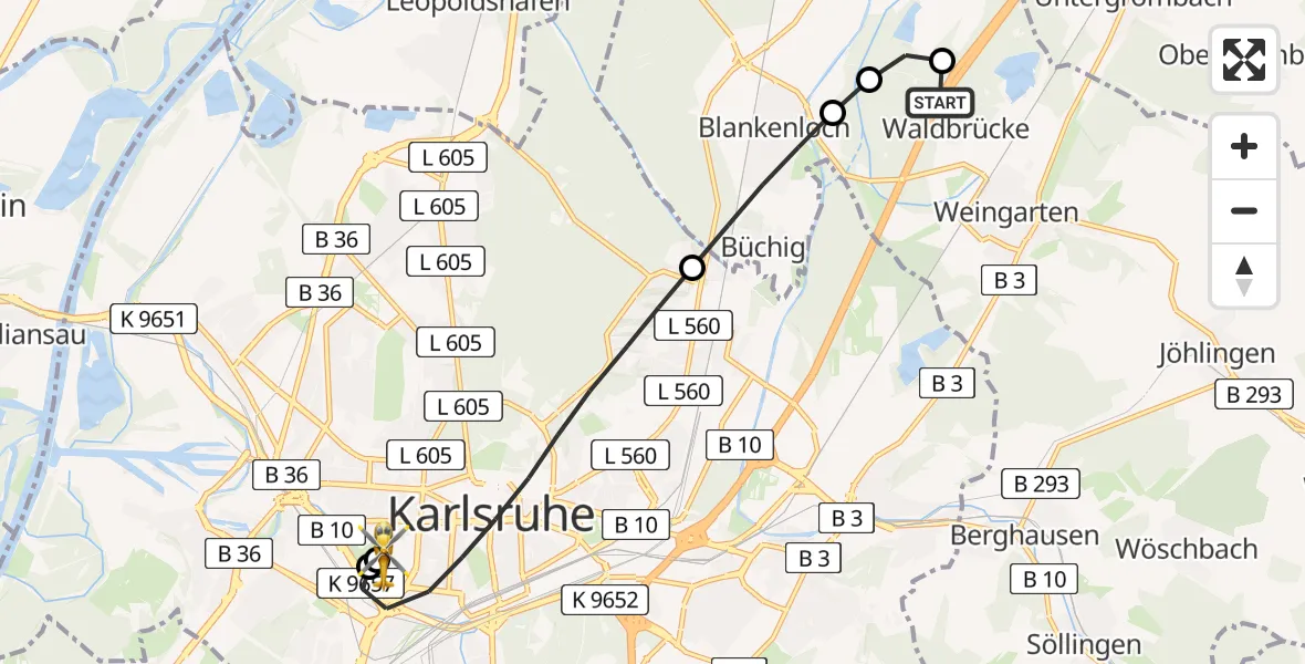 Flugroute Ambulanzhubschrauber Weingarten (Baden) - Sankt Vincentius Hospital, 11 Juli 2026, 17:27