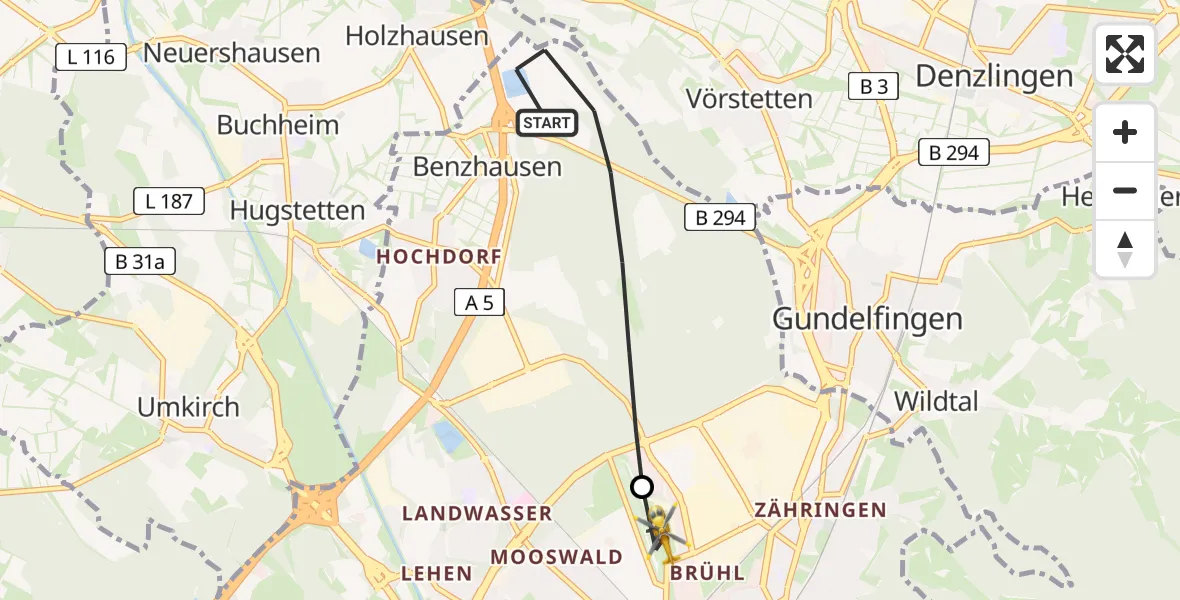 Flugroute Ambulanzhubschrauber Freiburg im Breisgau - Freiburg im Breisgau Flugplatz, 11 Juli 2026, 17:27