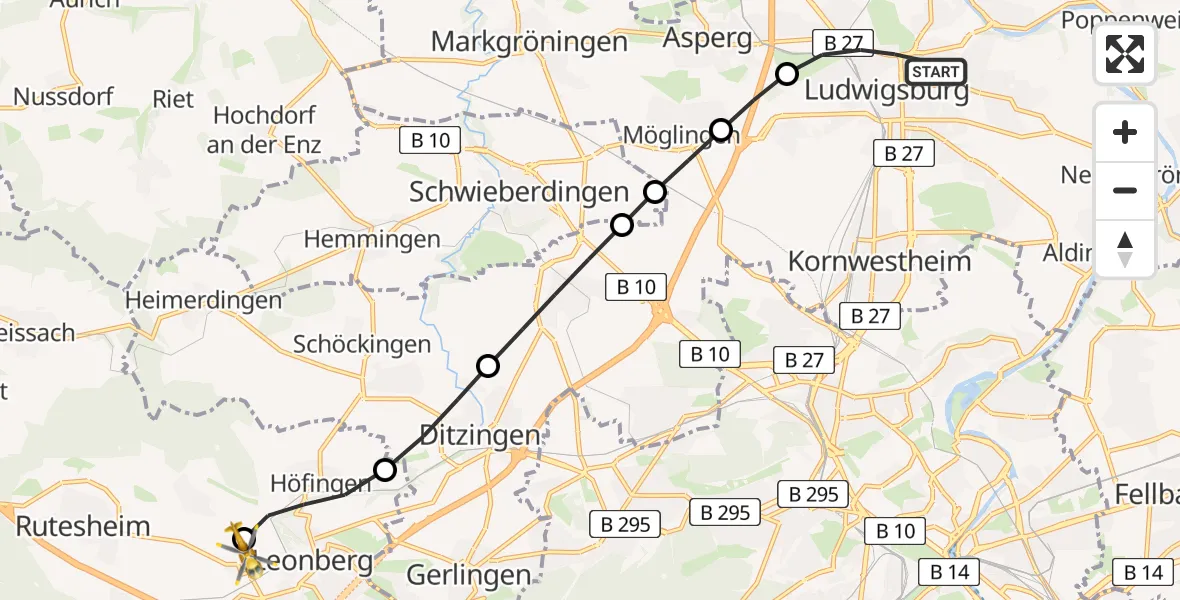 Flugroute Rettungshubschrauber Ludwigsburg - Leonberg Hospital Hubschrauberlandeplatz, 11 Juli 2026, 17:27