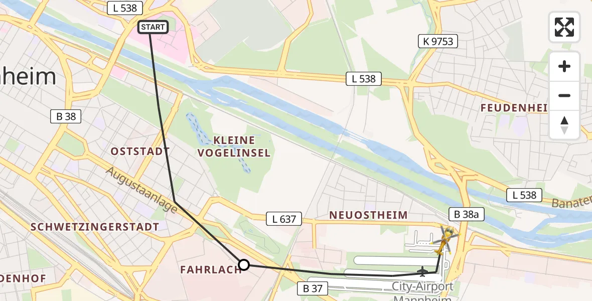 Flugroute Rettungshubschrauber Mannheim - Mannheim-City Flughafen, 11 Juli 2026, 17:29