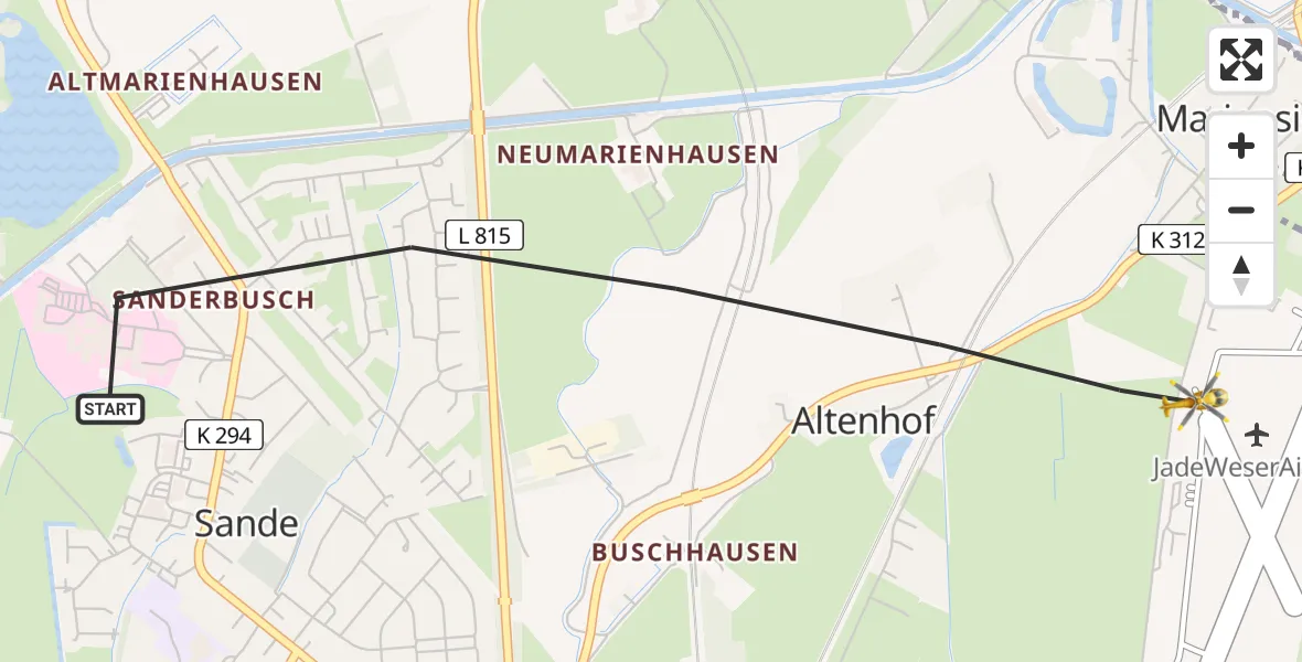 Flugroute Rettungshubschrauber Sande - JadeWeser Flughafen, 11 Juli 2026, 17:29