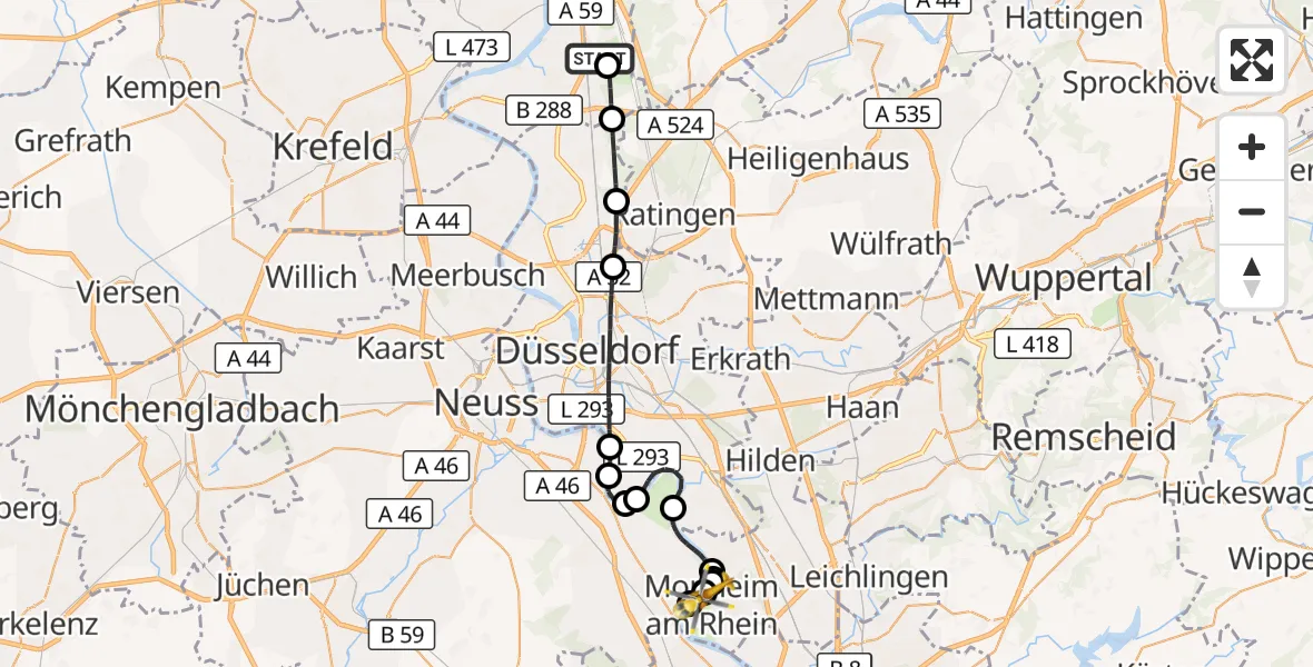 Flugroute Rettungshubschrauber Duisburg Air Rescue Hubschrauberlandeplatz (Christoph 9) - Monheim am Rhein, 11 Juli 2026, 17:34
