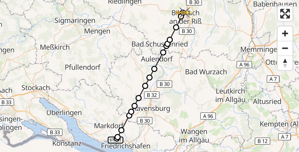 Flugroute Rettungshubschrauber Friedrichshafen Hospital - Sana Clinic Biberach District Hospital, 11 Juli 2026, 17:42