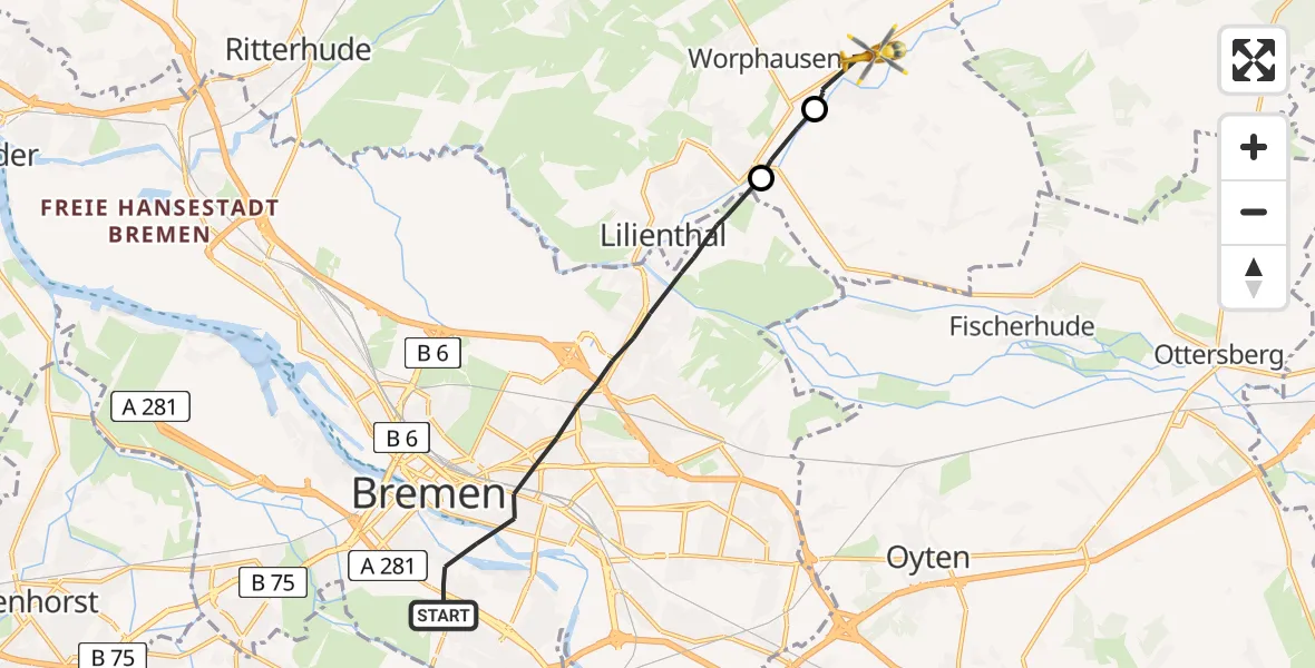 Flugroute Rettungshubschrauber Bremen - Grasberg, 11 Juli 2026, 17:43