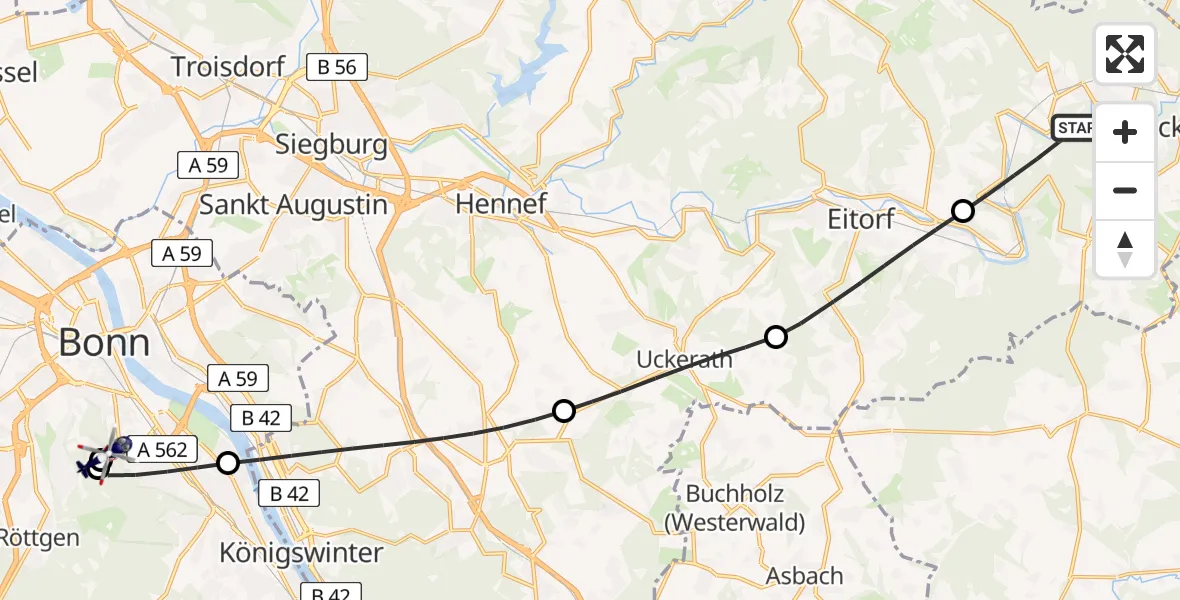 Flugroute Polizeihubschrauber Windeck - Bonn University Hospital, 11 Juli 2026, 17:43