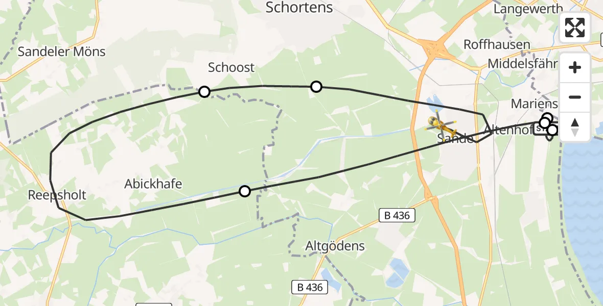 Flugroute Rettungshubschrauber JadeWeser Flughafen - Sande, 11 Juli 2026, 17:46