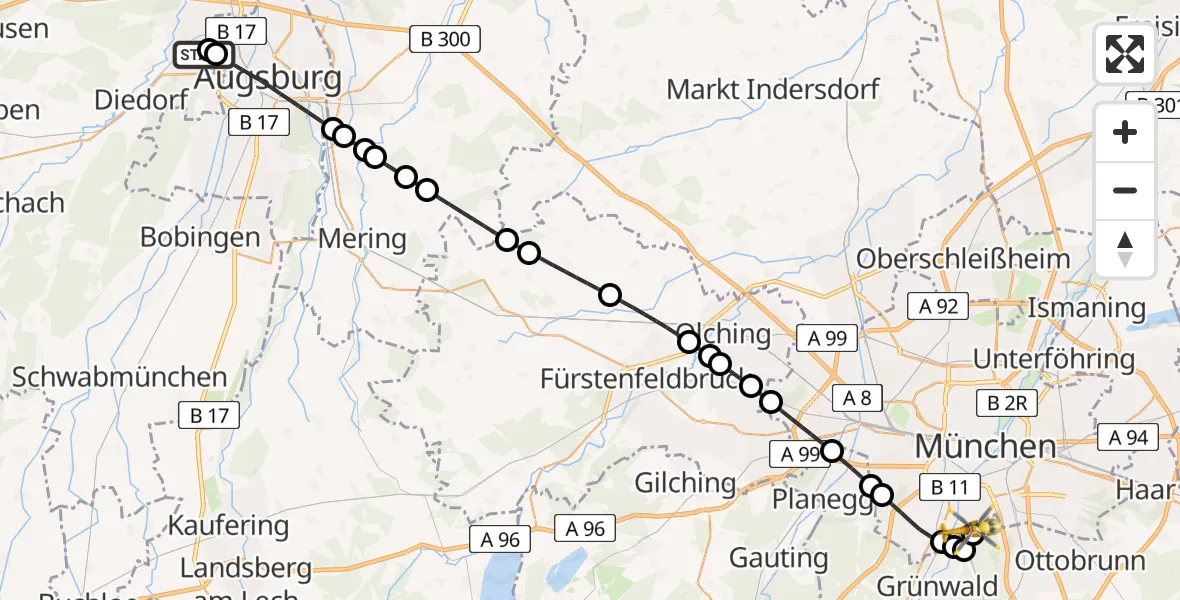 Flugroute Rettungshubschrauber Augsburg University Hospital - ADAC Air Rescue Center Hubschrauberlandeplatz (Christoph 1), 11 Juli 2026, 17:47