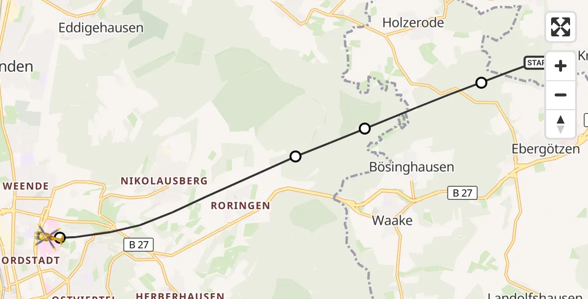 Flugroute Rettungshubschrauber Krebeck - Göttingen University Clinic Hubschrauberlandeplatz, 11 Juli 2026, 17:50