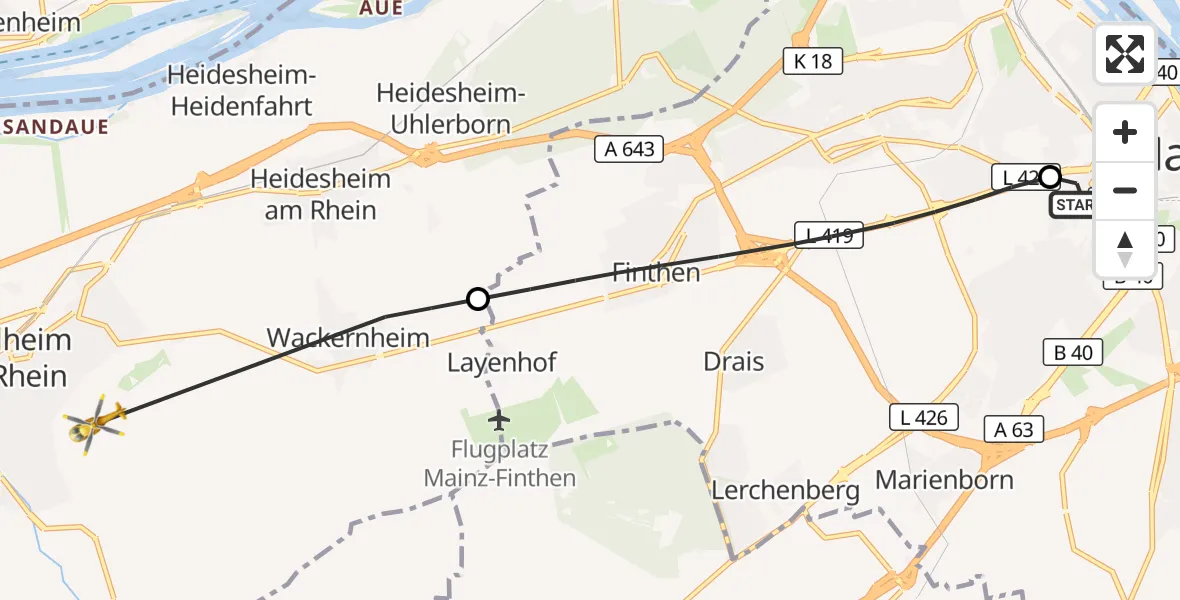 Flugroute Rettungshubschrauber Mainz University Hospital - Ingelheim am Rhein, 11 Juli 2026, 17:52