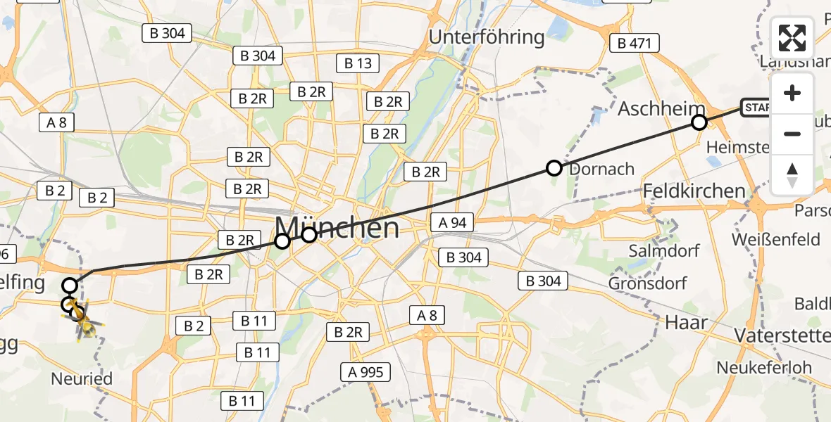 Flugroute Rettungshubschrauber Kirchheim b.München - DRF Air Rescue München Hubschrauberlandeplatz, 11 Juli 2026, 17:55