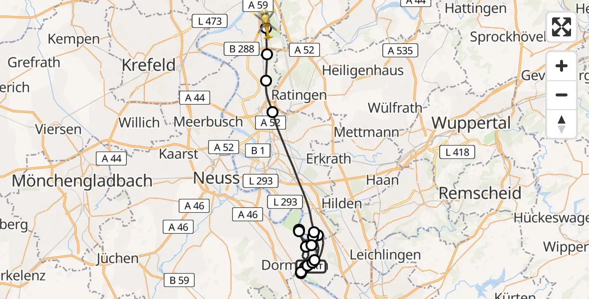 Flugroute Rettungshubschrauber Monheim am Rhein - Duisburg Air Rescue Hubschrauberlandeplatz (Christoph 9), 11 Juli 2026, 17:59