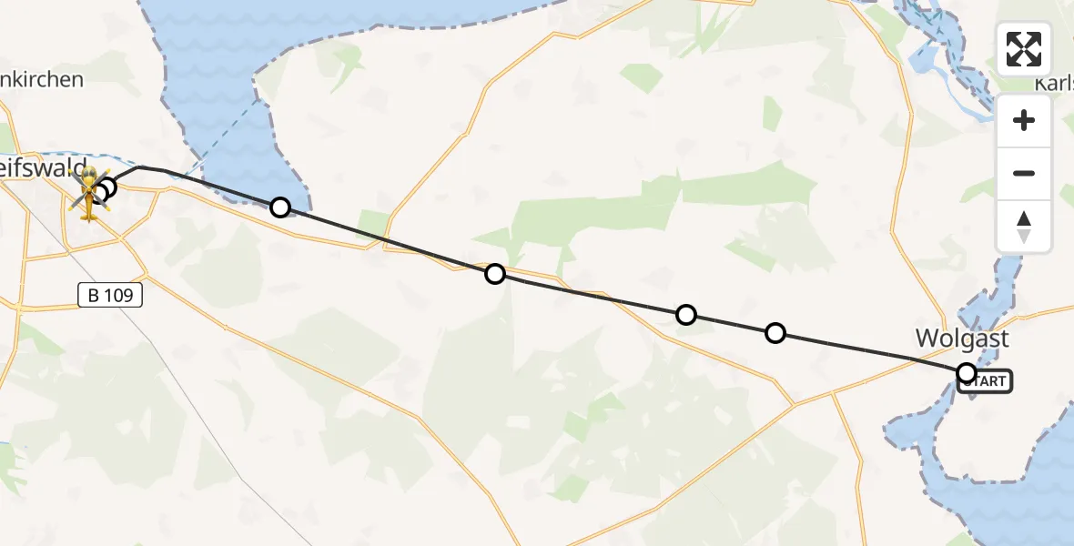 Flugroute Rettungshubschrauber Sauzin - Greifswald Hospital, 11 Juli 2026, 18:00