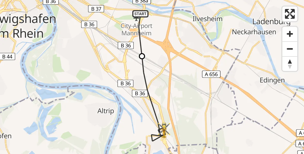 Flugroute Rettungshubschrauber Mannheim-City Flughafen - Mannheim, 11 Juli 2026, 18:04