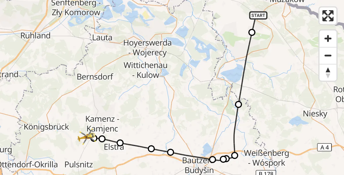 Flugroute Rettungshubschrauber Weißwasser/O.L. - Haselbachtal, 11 Juli 2026, 18:05