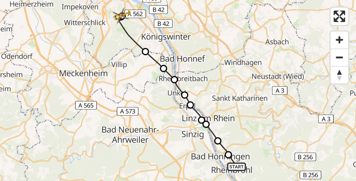 Flugroute Ambulanzhubschrauber Rheinbrohl - Bonn University Hospital, 11 Juli 2026, 18:10
