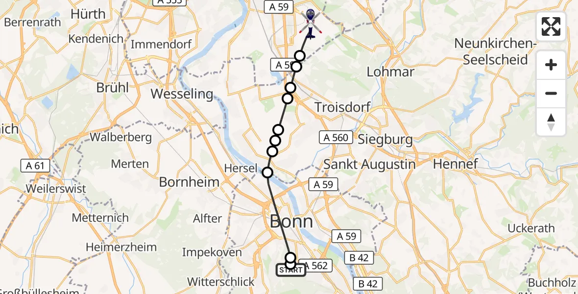 Flugroute Polizeihubschrauber Bonn University Hospital - Köln Bonn Flughafen, 11 Juli 2026, 18:11