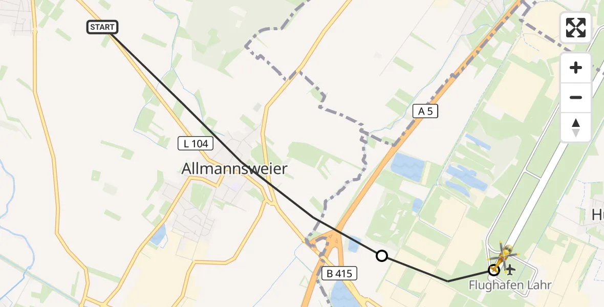 Flugroute Rettungshubschrauber Schwanau - Lahr Flughafen, 11 Juli 2026, 18:11