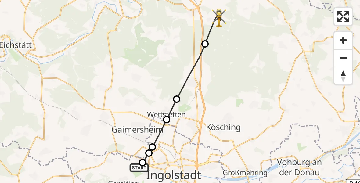 Flugroute Rettungshubschrauber Ingolstadt Hospital - Denkendorf, 11 Juli 2026, 18:13