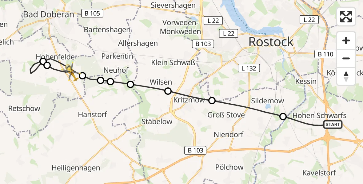 Flugroute Ambulanzhubschrauber Dummerstorf - Hohenfelde, 11 Juli 2026, 18:19