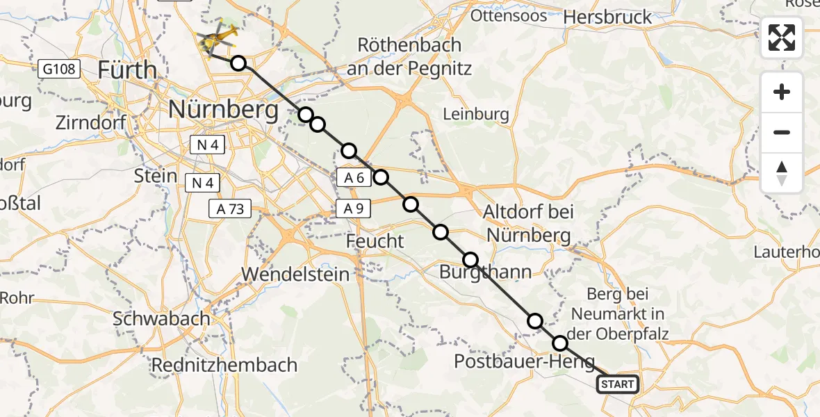 Flugroute Ambulanzhubschrauber Neumarkt i.d.OPf. - Flughafen Nuremberg, 11 Juli 2026, 18:21