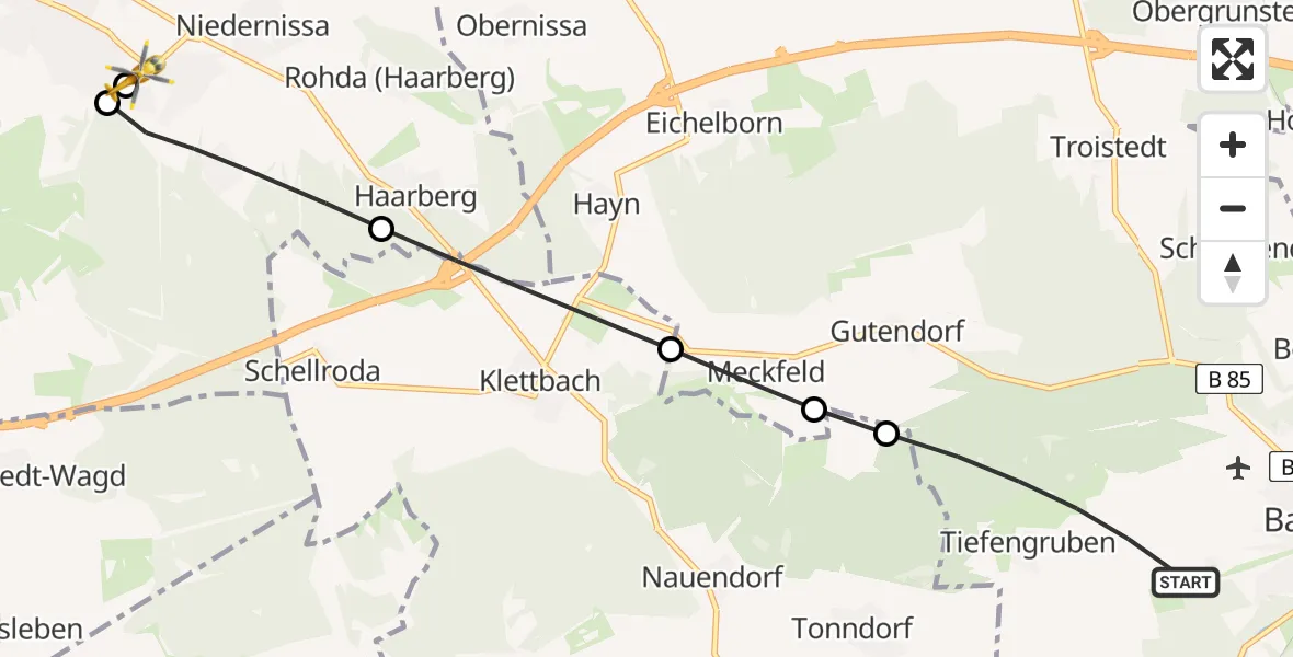 Flugroute Ambulanzhubschrauber Bad Berka - Catholic Hospital Sankt Johann Nepomuk Erfurt, 11 Juli 2026, 18:23