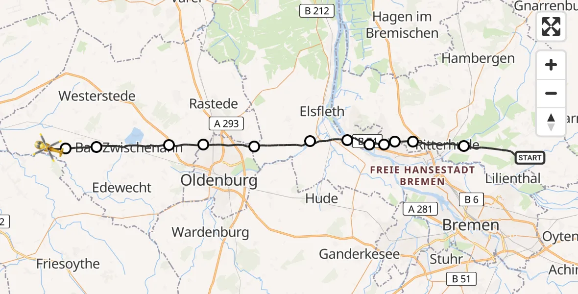 Flugroute Rettungshubschrauber Lilienthal - Apen, 11 Juli 2026, 18:26